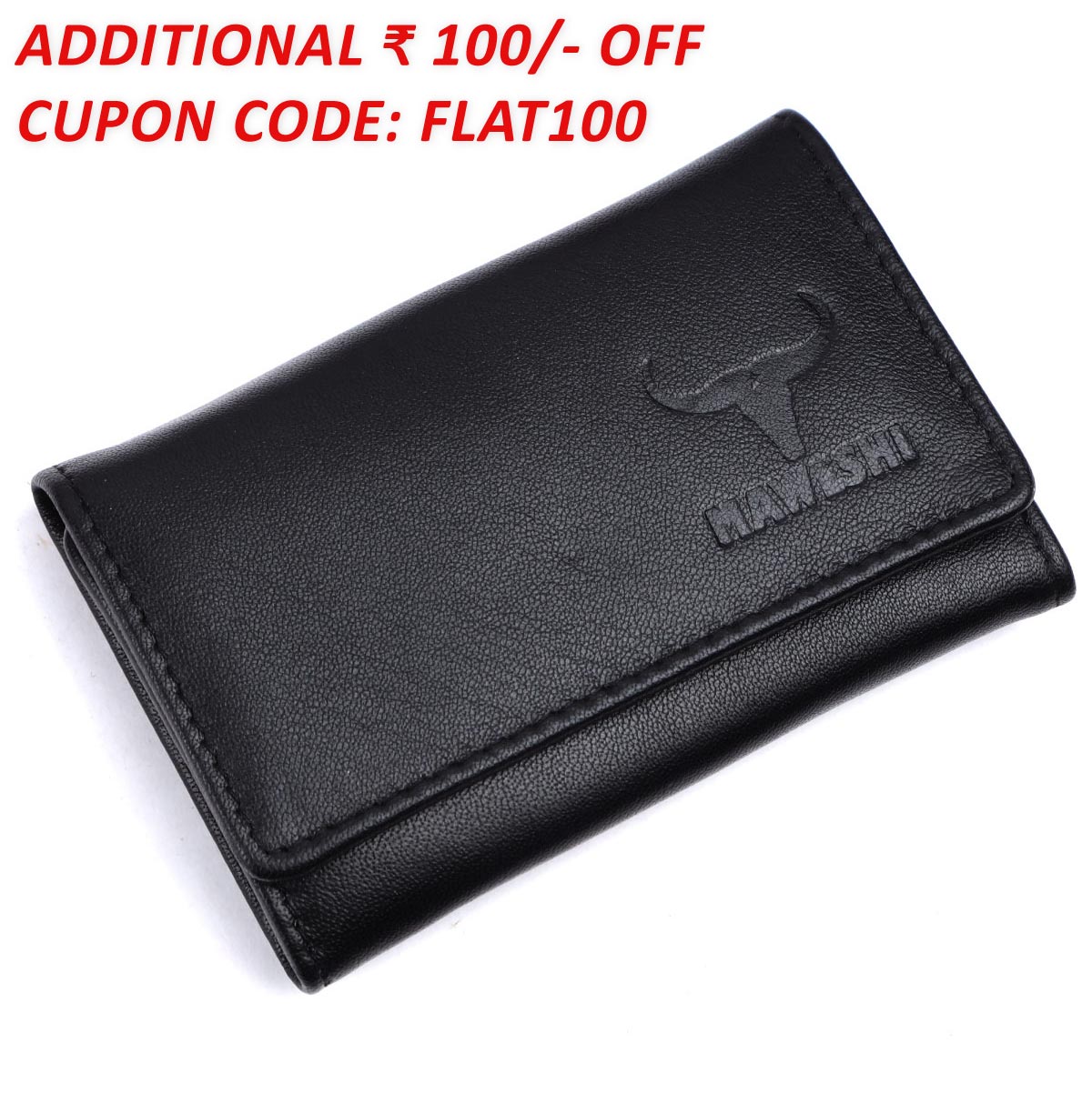 Black Leather Button Closer Keychain With 6 Keyholders And Two Card Slots